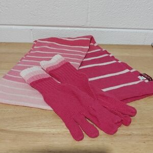 Merona Vibrant Pink and Soft White Mittens and Scarf Set